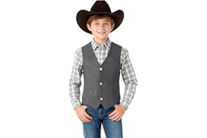 BOIHEDY Boys Vest Leather Western Cowboy Dress Vests with Pockets Vintage Suede V Neck Formal Wedding Waistcoat