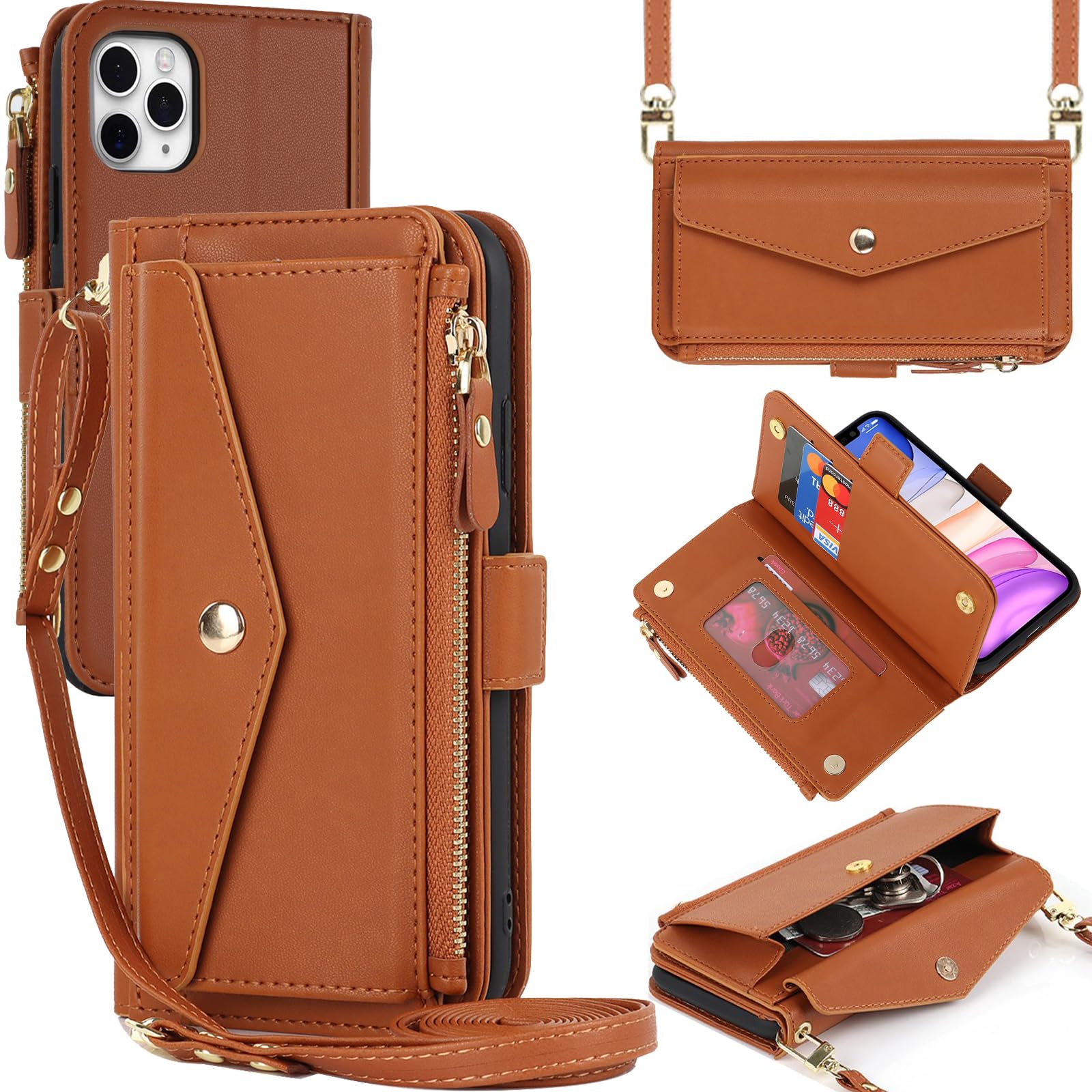 Zouzt for iPhone 11 Pro Max Wallet Case for Women, Purse with Credit Card Holder Slots Crossbody Lanyard Strap Zipper Flip Book Shockproof Protective Phone Cover for Apple 11 Pro Max 6.5 Inch (Brown)