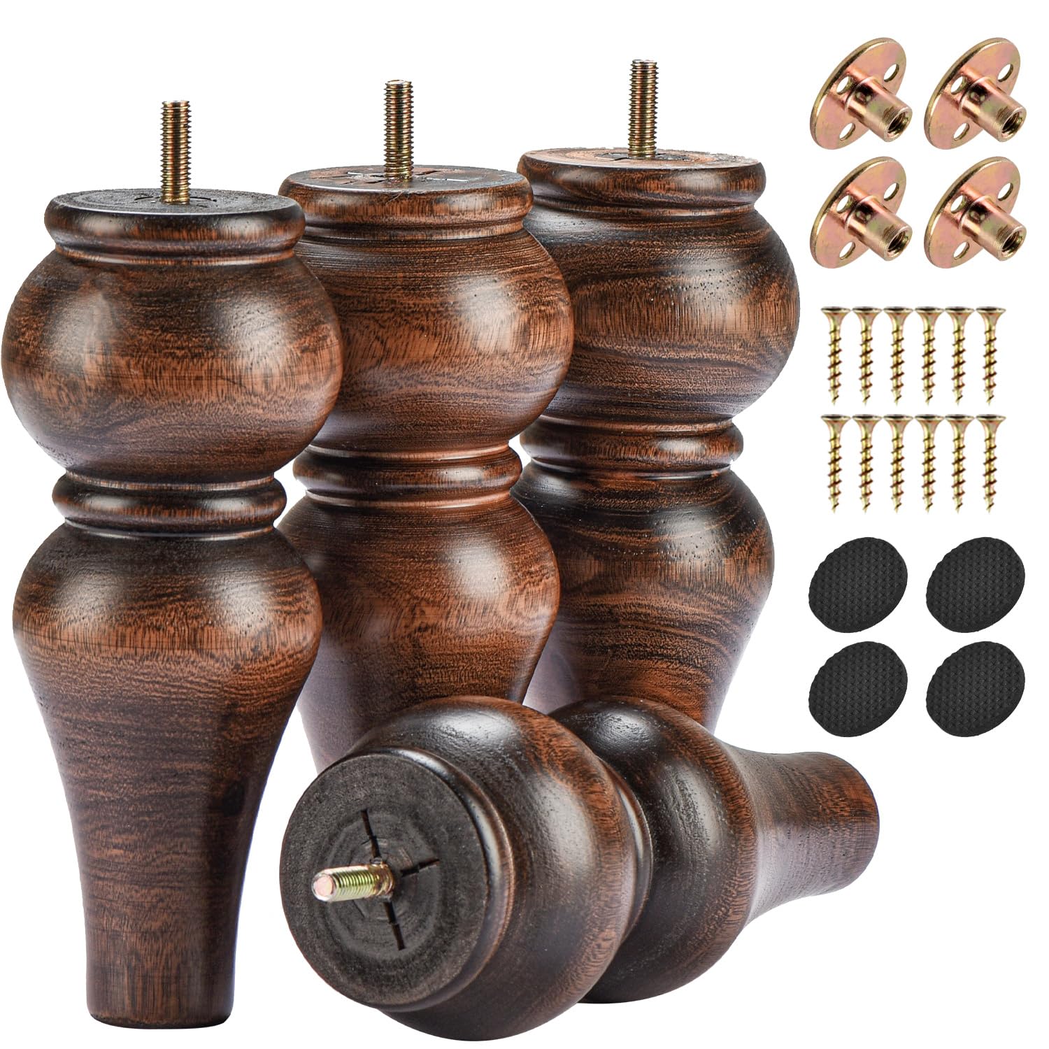 Btowin 8 Inch / 20cm Solid Wood Furniture Legs,4Pcs Couch Legs Wooden Bun Feet Sofa Feet with Threaded M8 Hanger Bolts &Mounting Plate &Screws for Sofa Cabinet Ottoman Armchair,Glaze