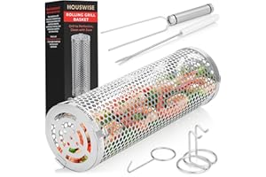 HOUSWISE Rolling Grill Baskets For Outdoor Grill For Vegetable, Fish - BBQ Rolling Grilling Basket, Accessories Grilling Gifts For Men Unique, Fathers Day Mens Birthday Gift Ideas For Dad Who Have Everything