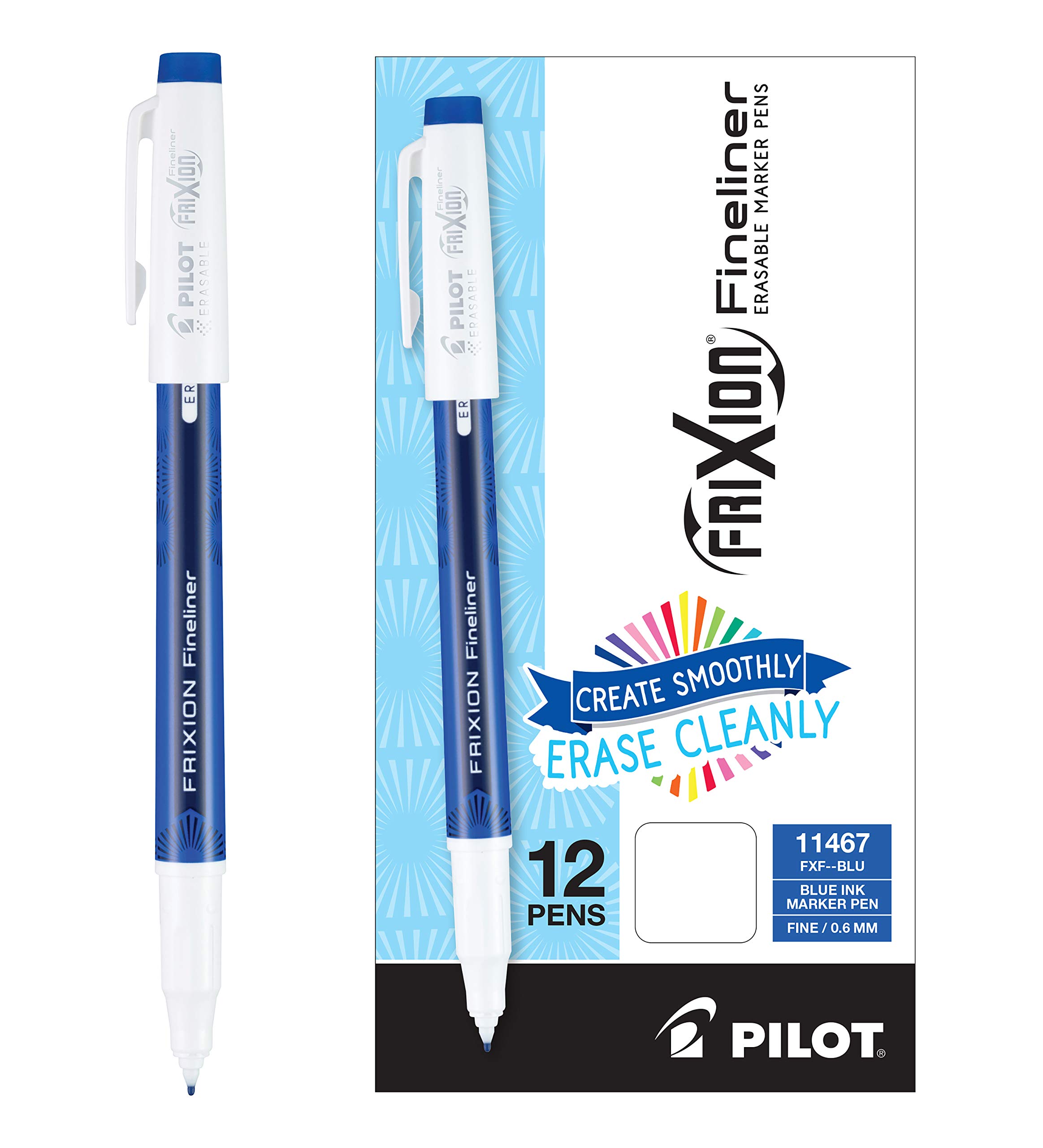 Pilot, FriXion Fineliner Erasable Marker Pens, Fine Point 0.7 mm, Pack of 12, Blue