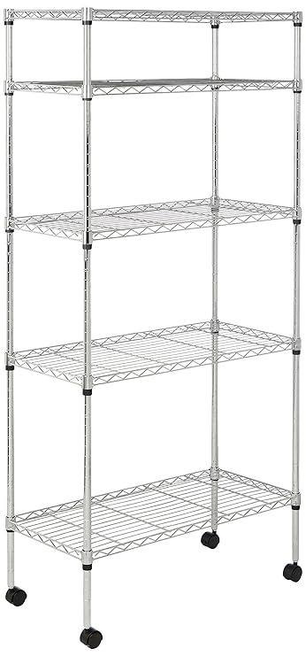AmazonBasics Regal mit 5 Regalböden, mit Rädern, Chrom