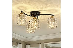KAIYUAN Flush Mount Ceiling Light, 4-Light Black and Gold Semi Flush Mount Lighting Fixture, Modern Farmhouse Ceiling Lamp with Crystal Shade for Bedroom, Living Room, Kitchen, Hallway