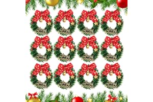 GLEAVI 12pcs Mini Christmas Wreaths: 2.55in Miniature Christmas Wreath with Bow Bell for Xmas Tree Dollhouse Decoration