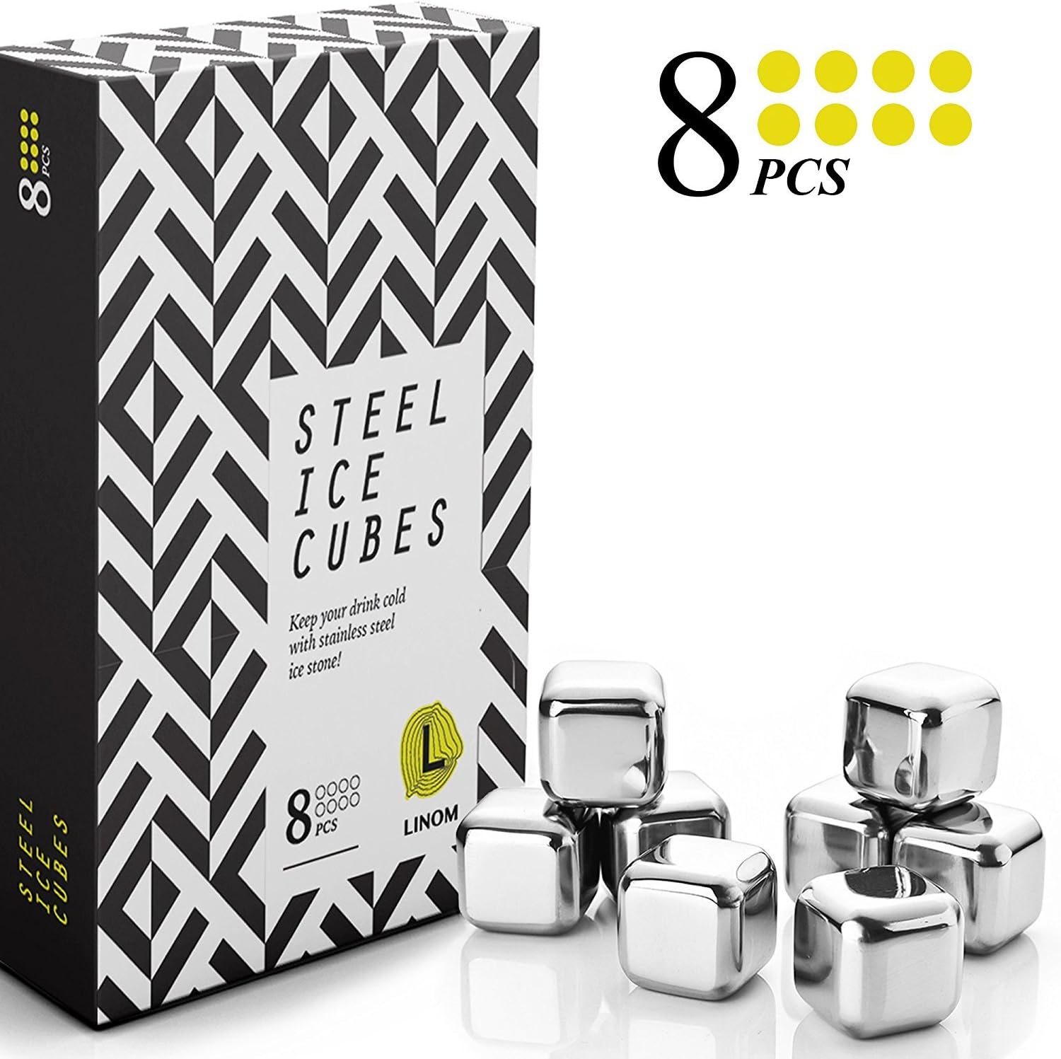 Whiskey Stones Premium Set - 8 stainless steel cubes - Whiskey rocks - Ice Rocks - Reusable Ice Cubes for cooling drinks