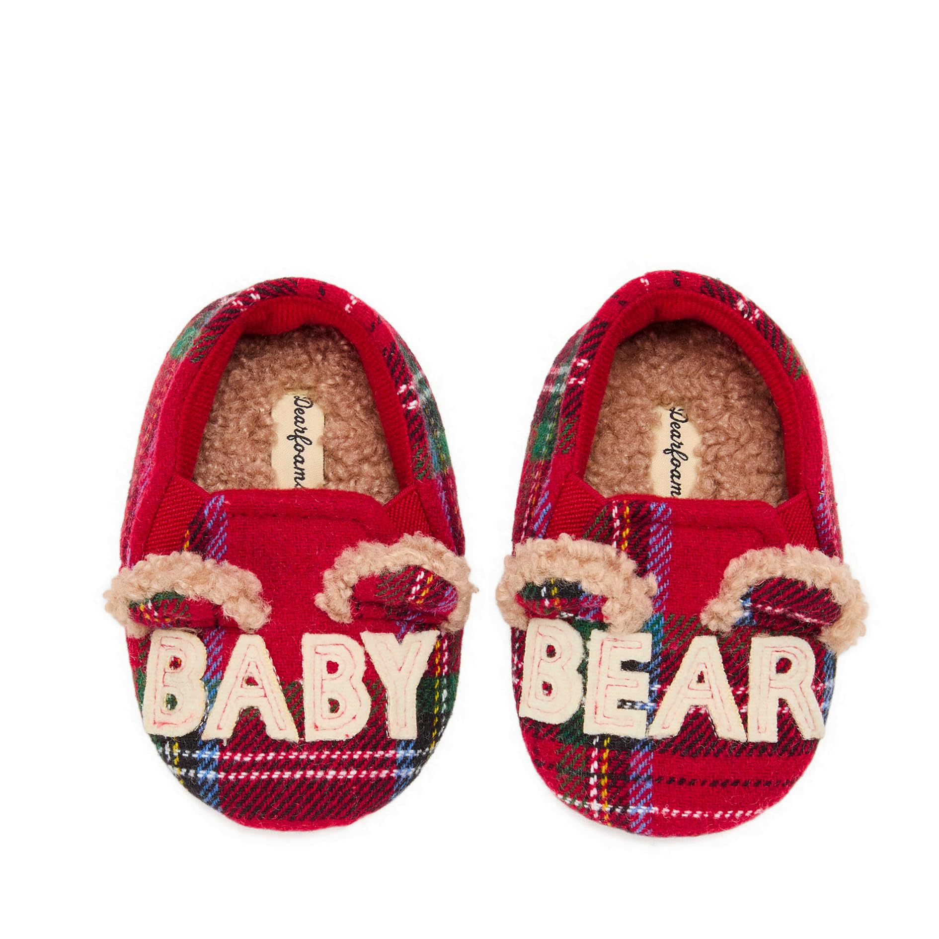 Dearfoams Unisex-Child Matching Family Holiday Lil Bear Sherpa Lined Moc Toe With Embroidery Slipper, Plaid, 6-9 Image