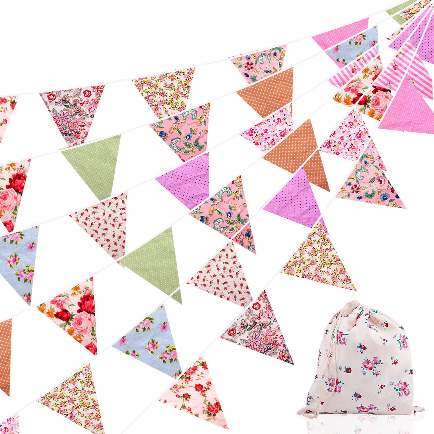 Large Fabric Bunting Banner, 39.5ft Floral Vintage Triangle Flag Garland Reusable Cotton 42pcs Floral Pennants Decoration for Garden Wedding Baby Shower Birthday Parties (Pink)