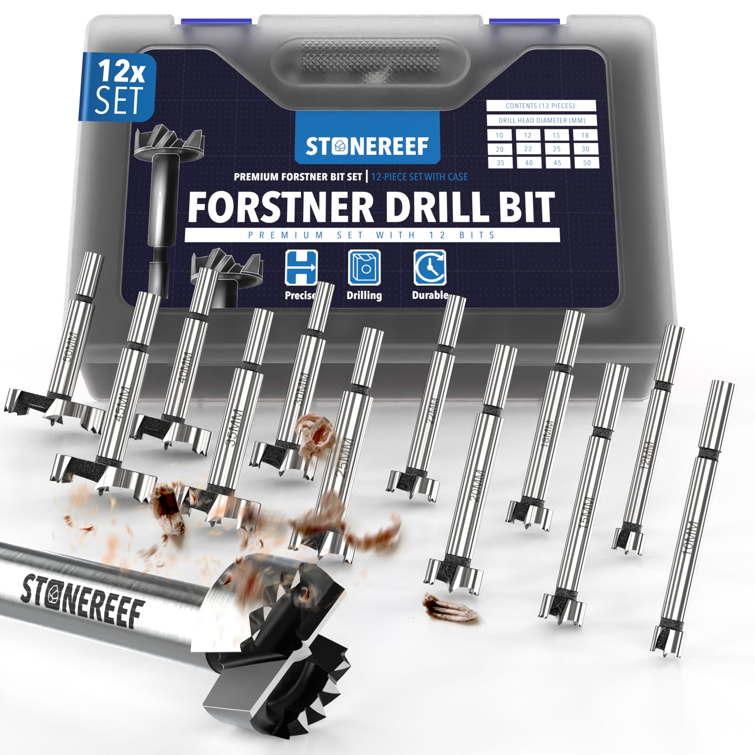 STONE REEF Forstner Drill Bit Set 12 Pieces [10-50 mm] - 12pc Wood Drill Bit Set, Silver Finish, Centre Point, Spiral Flute