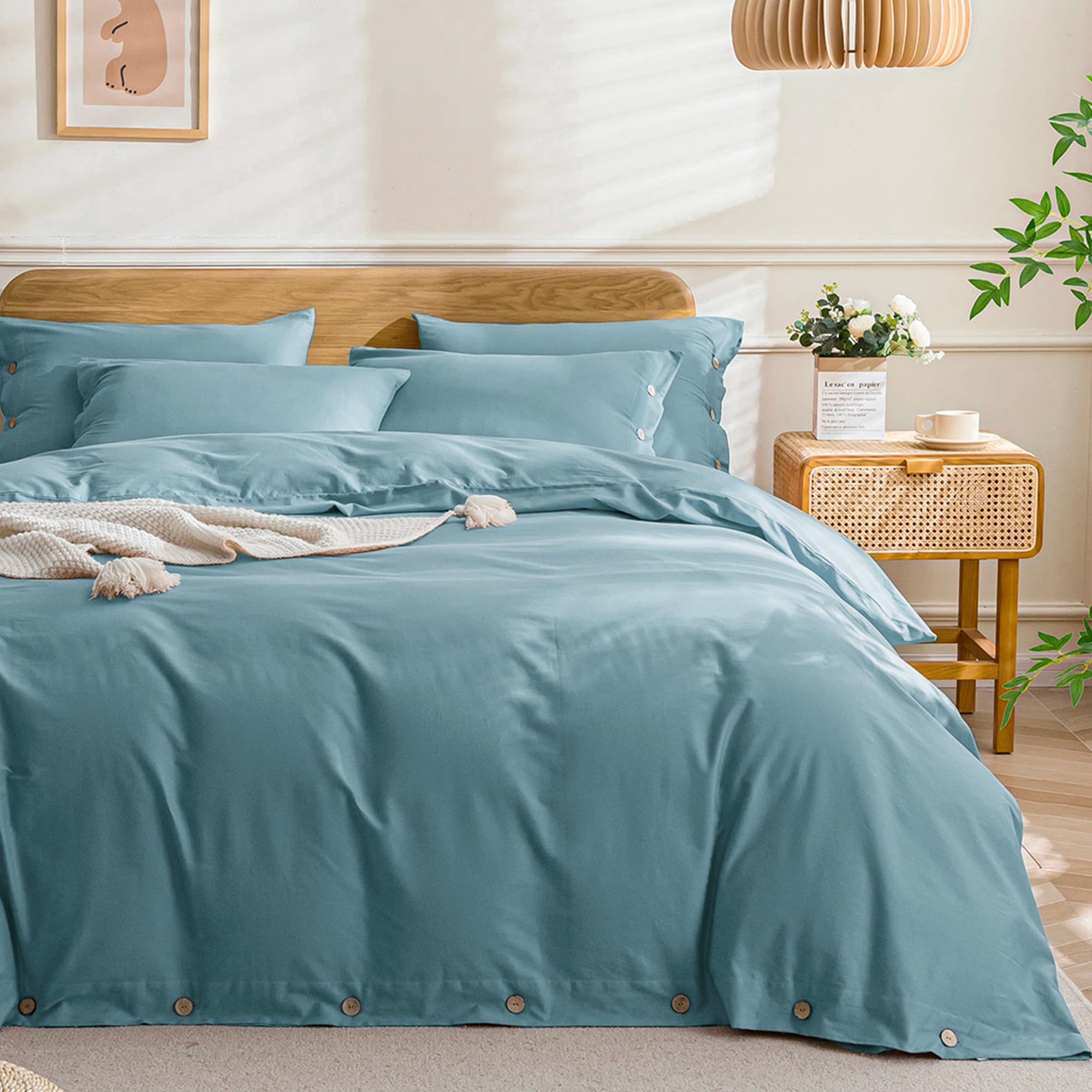 Photo 1 of JELLYMONI Cotton Duvet Cover Twin Size - Grayish Blue Comforter Cover with Button 100% Washed Cotton 2PCS Breathable Soft Solid Bedding Set Duvet Cover 68×90in & 1 Pillowcase (NO Comforter)