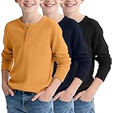 LessonZoo 3 Pack Boy's Henley Long Sleeve Shirts Waffle Thermal Tops 5-14 Years Cotton Blend Knit Sweatshirt for School