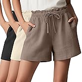 Neer 3 Pack Women's Linen Shorts with Pockets Drawstring High Elastic Waisted Wide Leg Loose Casual Summer Shorts