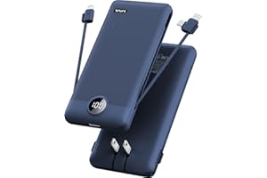 VRURC 10,000mAh Portable Charger with Built-in Cables & AC Wall Plug, All-in-One Slim Power Bank, 5 Outputs 2 Inputs USB C Ex