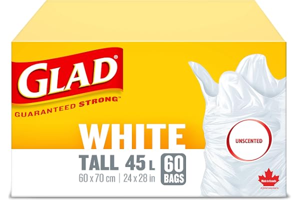 Glad White Garbage Bags - Tall 45 Litres - Unscented, 60 Trash Bags, Made in Canada of Global Components
