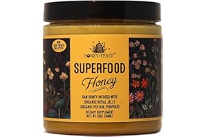 HONEY FEAST Flower Powered Raw Superfood Honey with Royal Jelly, Bee Pollen, Bee Propolis (12 Ounces) Cold packed and hand poured in Florida, USA