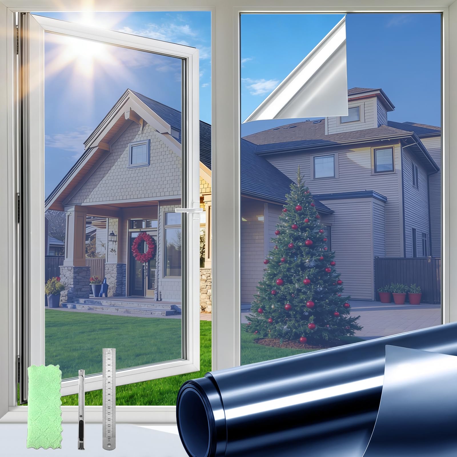 DIFIT One Way Window Film See Out Not in Privacy Films for Glass Windows Reflective Windows Film Anti-UV Static Cling Window Tint for Home, Office（Blue-silver，60x200cm）Roll Contains a Bladed Item