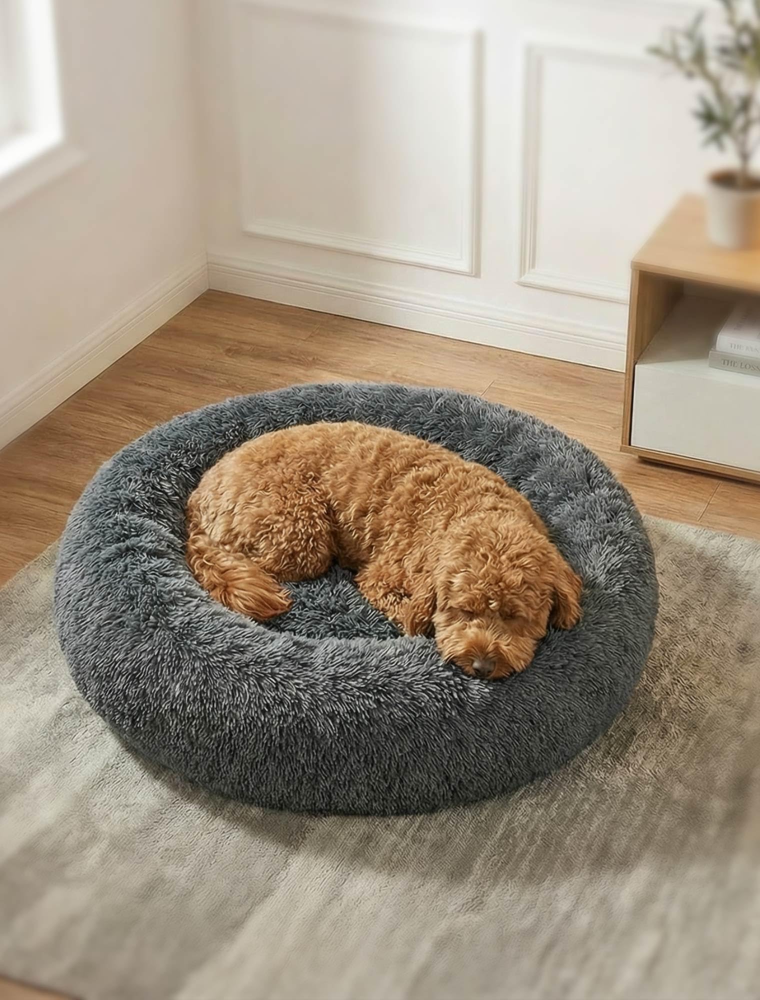 Dog Bed Medium Donut Washable - 20cm Extra Thick Padded Base Plush Calming Bed Round Cat Cushion, Anti-Anxiety & Non-Slip Bottom - Soft Luxury Puppy Kennel Faux Fur Improved Sleep 60cm Diameter