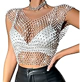 Jokesky Rhinestone Crystal Crop Top, Long Sleeve Mesh Body Chains, See Through Mesh Diamond Fishnet Shirts Outfits