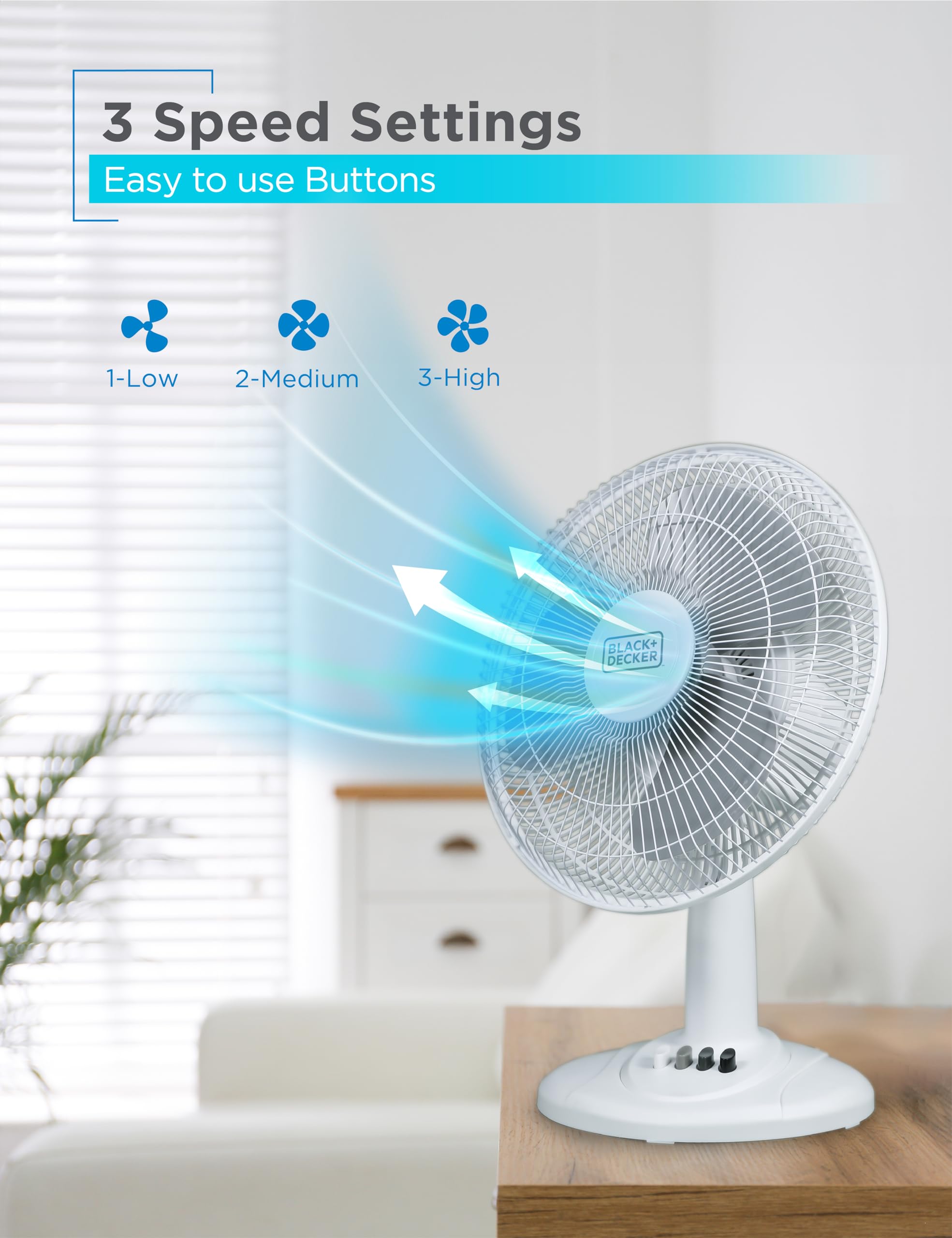 BLACK+DECKER Desk Fan for Home and Office, 12” Fan with 3 Speed Settings, Oscillating Portable Fan for Office Desk, Table Top and Kitchen Table with Adjustable Tilt, White