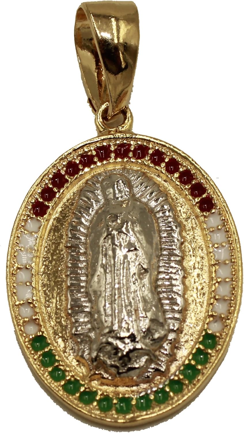 Virgen De Guadalupe Medalla Con Bandera De México Colores 18 K Chapado