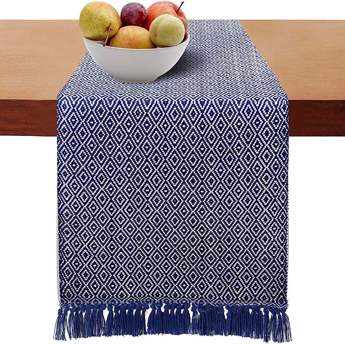 Cotton Clinic Table Runner Farmhouse 72 Inch Classic Diamond Weave, 14x72 Wedding Table Runner Fringes, Rustic Bridal Shower Decor Dining Table Runner Navy White