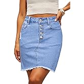 Sidefeel Women's Jean Skirt Stretchy Ripped Frayed Button Fly Summer Denim Skirt