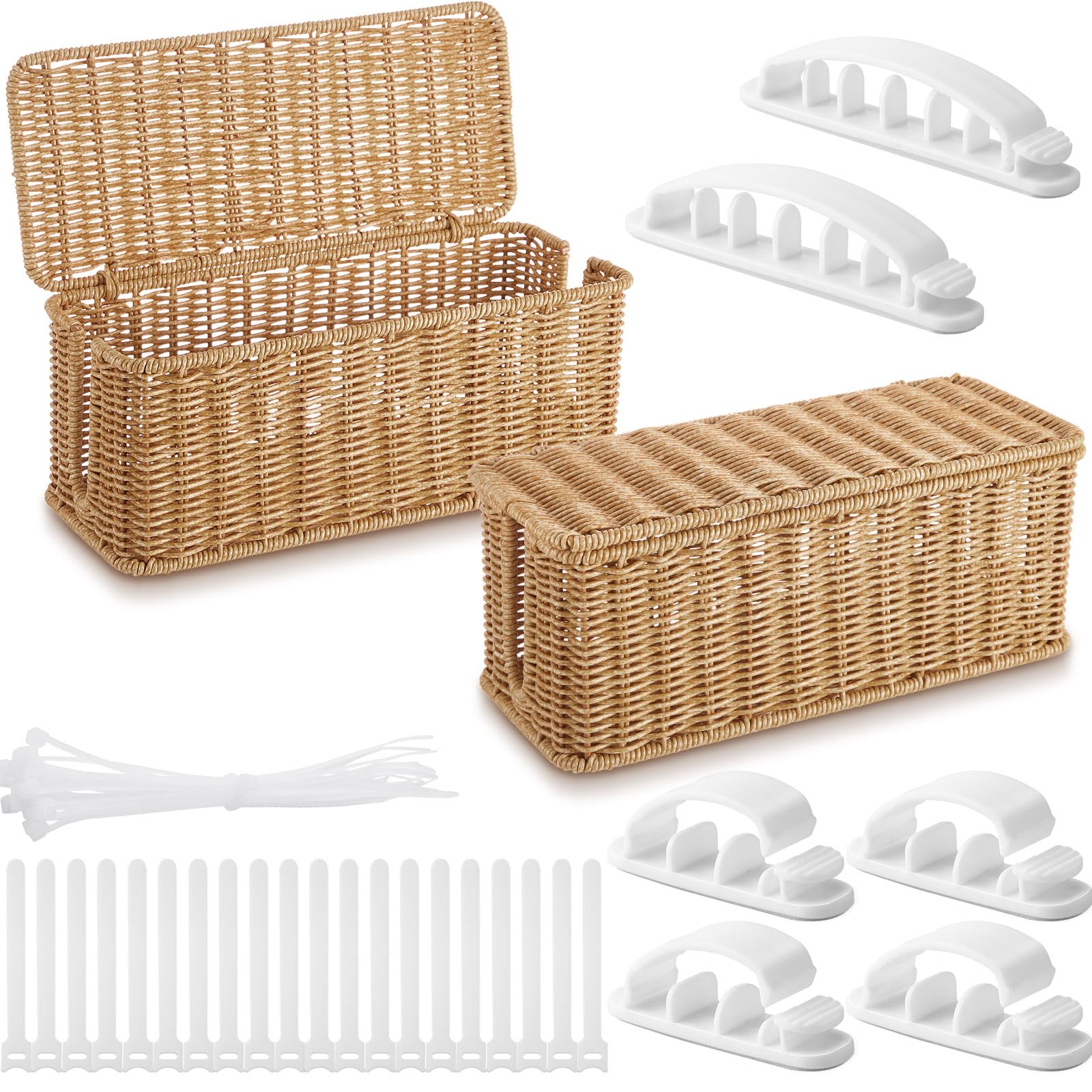 Photo 1 of Marsui 2 Pcs Cable Management Box Synthetic Rattan Cord Organizer Box Cable Hider Box Storage Wire Box with 2 Open Slots for Home Office Desk Computer TV Wires USB Hub
