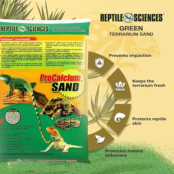 REPTILE SCIENCES GREEN PRO-CALCIUM TERRARIUM SAND – 10 LBS – NATURAL SUBSTRATE FOR REPTILE HABITATS, SUPPORTS DIGGING & ENCLOSURE MAINTENANCE