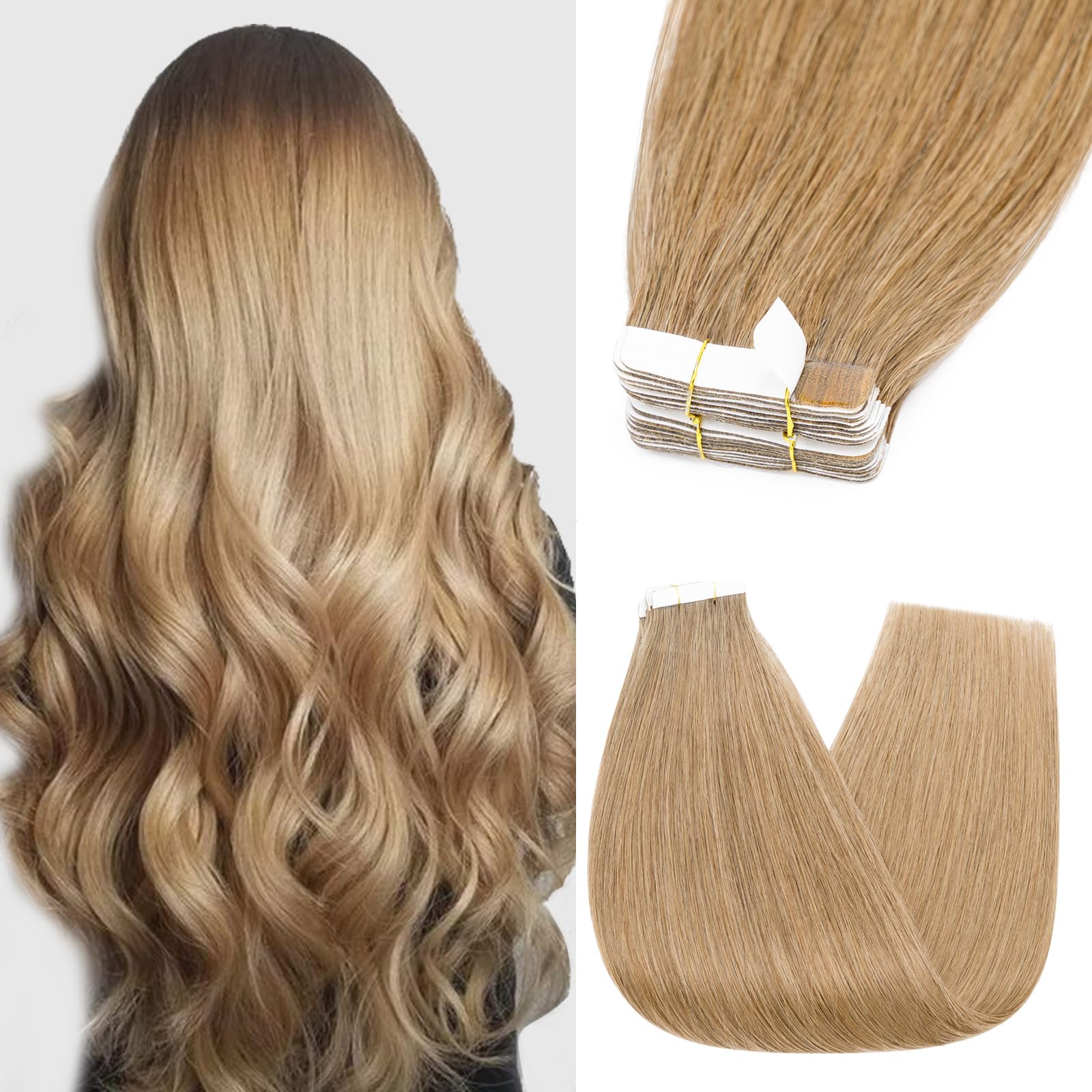 Silk-co 22inch Tape in Hair Extensions 100% Real Straight Human Hair Extension 10pcs Straight Remy Hair Seamless #27 Dark Blonde