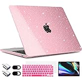TWOLSKOO for MacBook Air 13.3 inch Case 2021-2018 M1 A2337 A2179 A1932 with Retina Display, Plastic Hard Shell Case with Keyboard Cover & Type C Adapter 2 Pack & Camera Cover, Glitter Pink