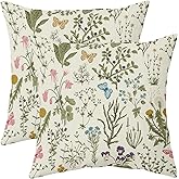 Spring Pillow Covers 18x18 Set of 2 Sage Green Floral Wild Flower Decorative Throw Pillows Outdoor Summer Plant Print Seasonal Farmhouse Pillowcases Linen Cushion Case Decor for Home Sofa Couch Bed