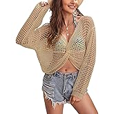 BreathSunny Womens Crochet Swimsuit Coverup Cropped Top Summer 2025 Twist Knot Long Sleeve Beach Bathing Suit Cover Up