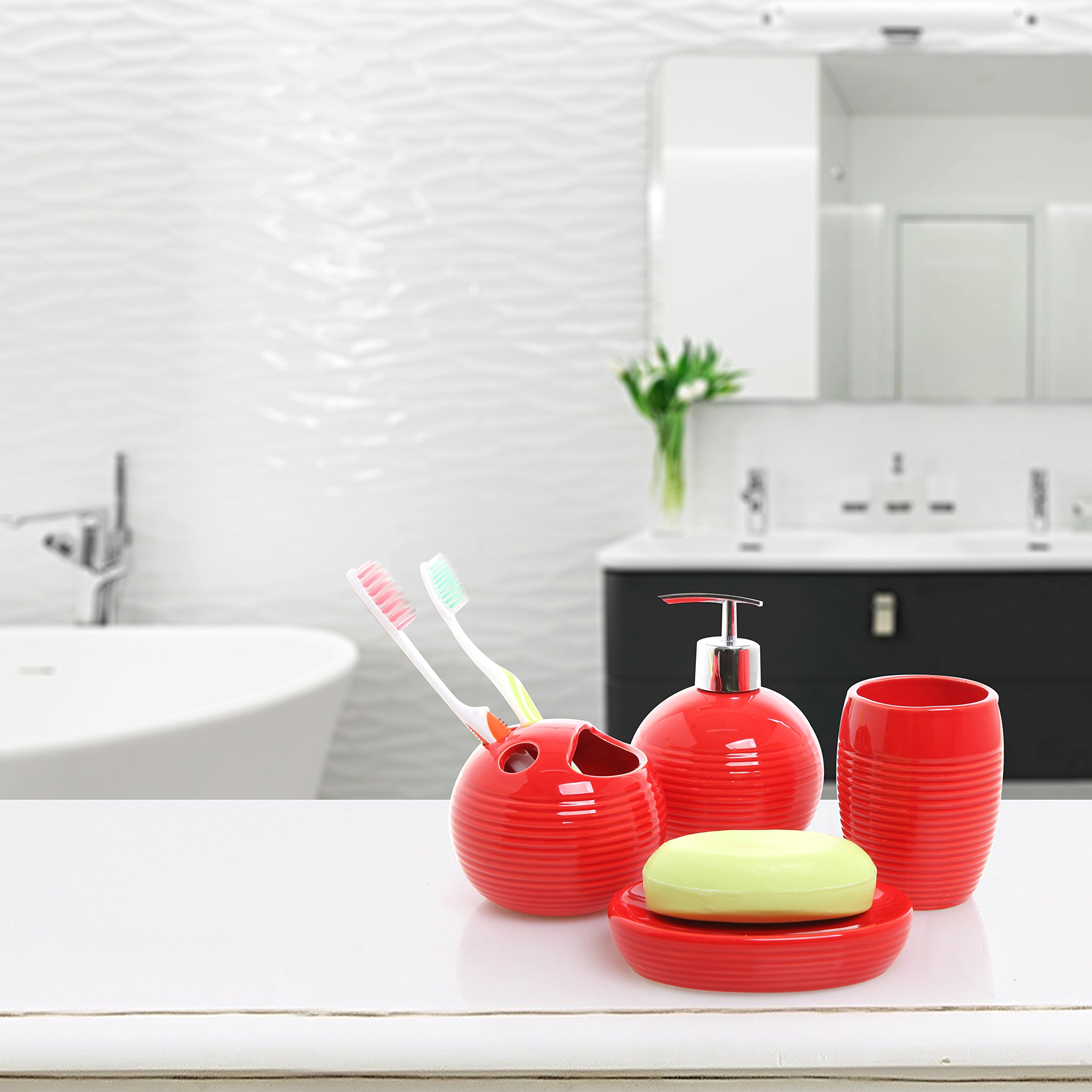 MyGift 4 Piece Red Ceramic Full Bathroom Accessory Set Toothbrush