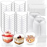 Hushee 4oz Heart Shaped Dessert Cups with Lids and Spoons Mini Plastic Parfait Shooter Cups Custard Cups Clear Fruit Cups Dessert Bowls Disposable for Valentine Wedding Bridal Shower Party(60 Pcs)