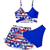 Girls Swimsuits 3 Piece Bathing Suit Allover Printed Criss Cross Bikini Set with Cover Up Skirt Beach Swimwear 7-16 Years