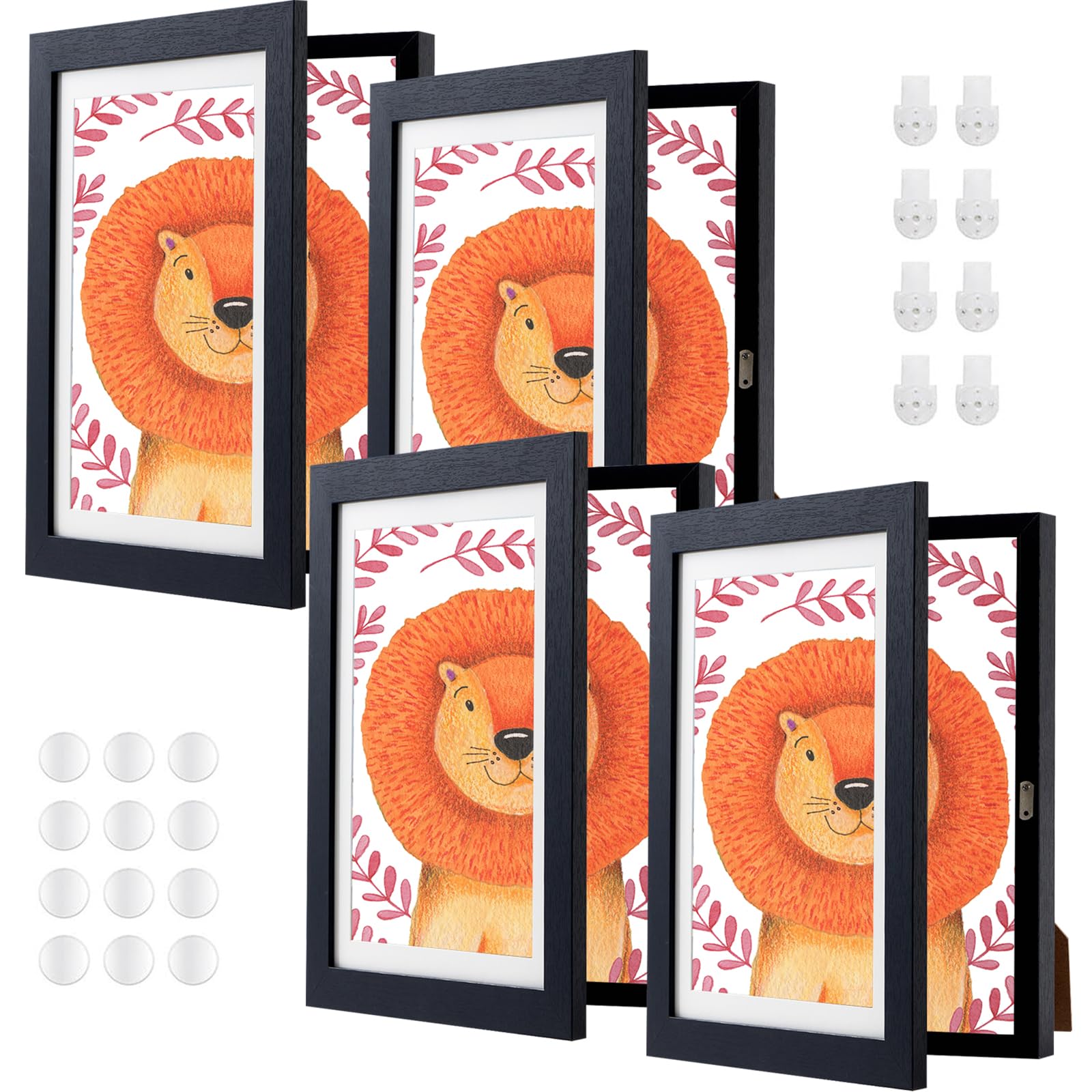 Photo 1 of ABCHIOPQ 4 Pack Black Kids Art Frame, 8.3x11.7 hold A4 paper Front Opening Wood Kid Artwork Frames, Wall-mounted Standing Children Art Frame with Mat, Holds 100 Pcs, Drawing Display Storage