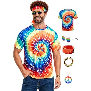 Yonroik 60s 70s Outfits for Men Hippie Costume for Men Tie Dye Shirt with Accessories Set Hippy Halloween Costume