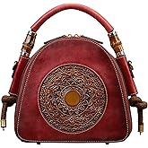 Zhuoliang Genuine Leather Pocketbooks for Women, Retro Organizer Top Handle Satchel Totem Leather Handbag Ladies