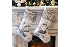 WEWILL Classic White Silvery Christmas Stockings Set of 2 Santa, Snowman Xmas Character Fireplace Hanging Stockings 17 inches for Holiday Party Family