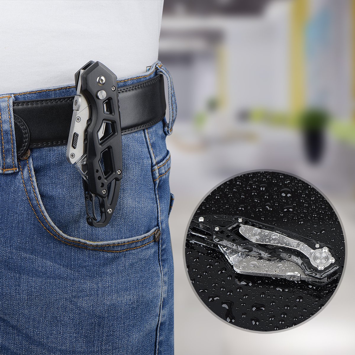 Folding Box Cutter Utility Knife Tingtio Utility Pocket Knife Box Cutter Knives with 11 Replaceable Blades, Belt Clip, Easy Release Button, Quick Change and Lock-Back Design