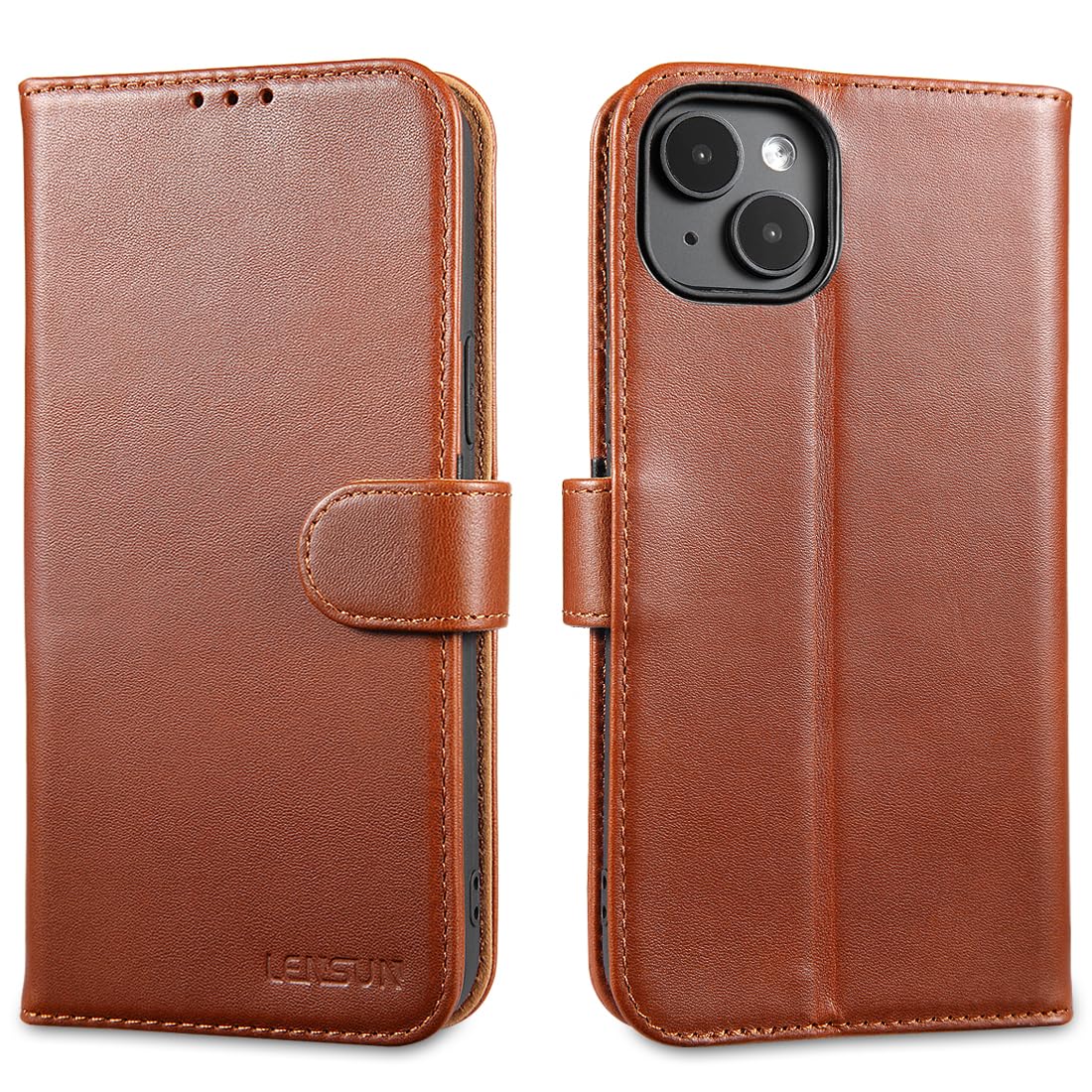 LENSUN Flip Case for iPhone 15 Plus 5G, Genuine Leather Phone Cover [RFID] Wallet with Card Holder and Magnetic Closure Compatible with Apple iPhone 15 Plus - Dark Brown