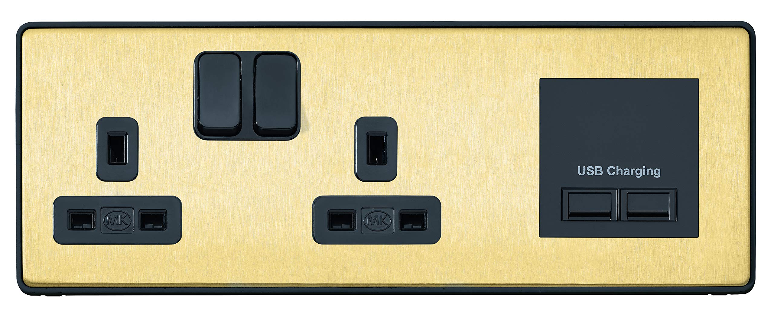 MK Dimensions 2 Gang Combi Switch Socket Stain Brass Finish with a Black Trim Multimedia Plate with Left Side Euro Frame