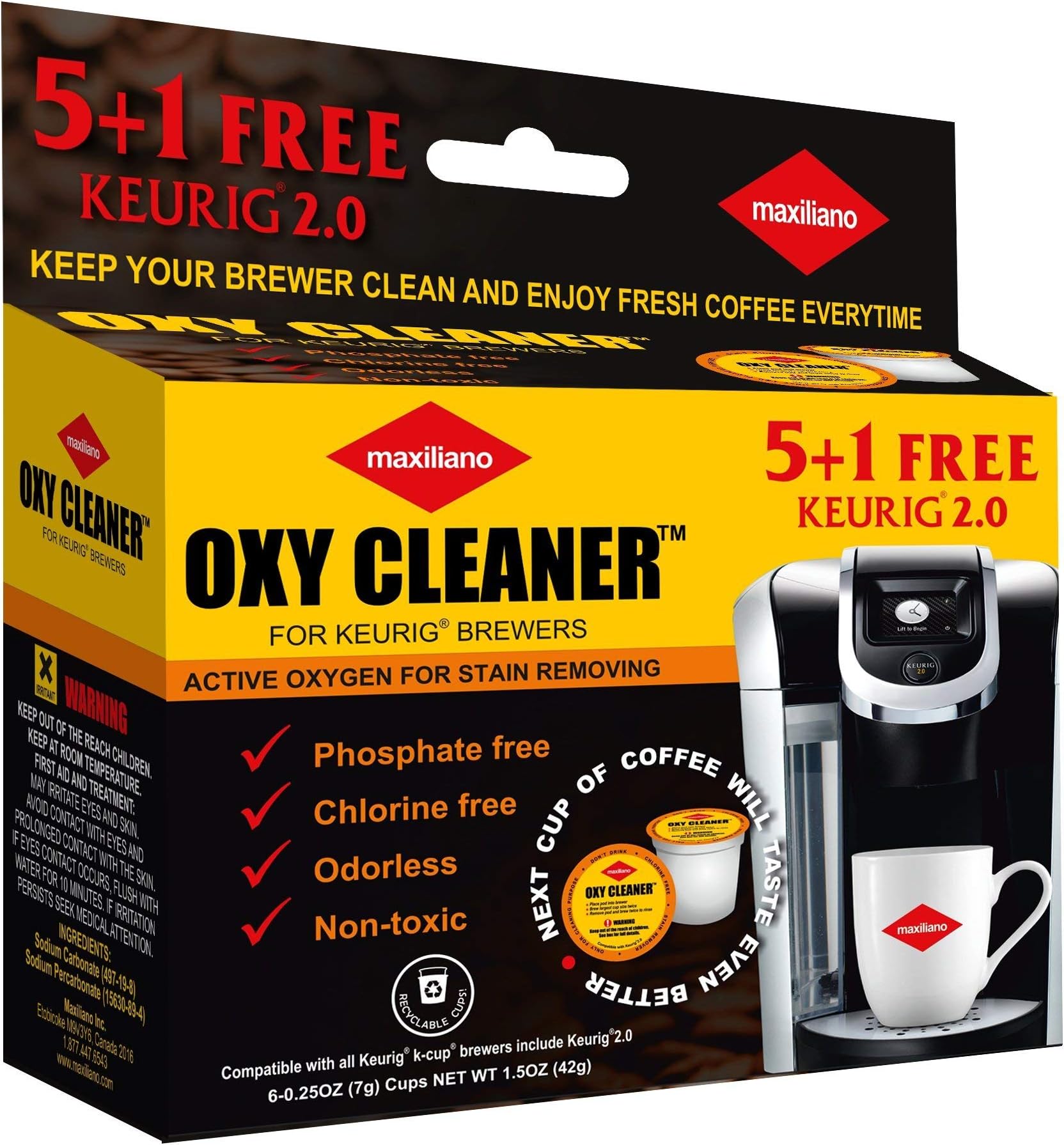 Cleaning Pods Compatible with K-Cup 2.0 Keurig, Stain Remover, Biodegradable, Non Toxic, 6 Cups Count per Pack.