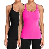 ATTRACO 2 Pack Ribbed Workout Tank Top with Built in Bra for Women Tight Fit Seamless Yoga Top