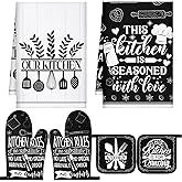 Leinuosen 6 Kitchen Towels Sets Kitchen Accessories Set with Oven Mitts and Pot Holders Farmhouse Oven Glove Decor for Cooking Baking Grilling Supplies(Vintage Black and White,Cute)