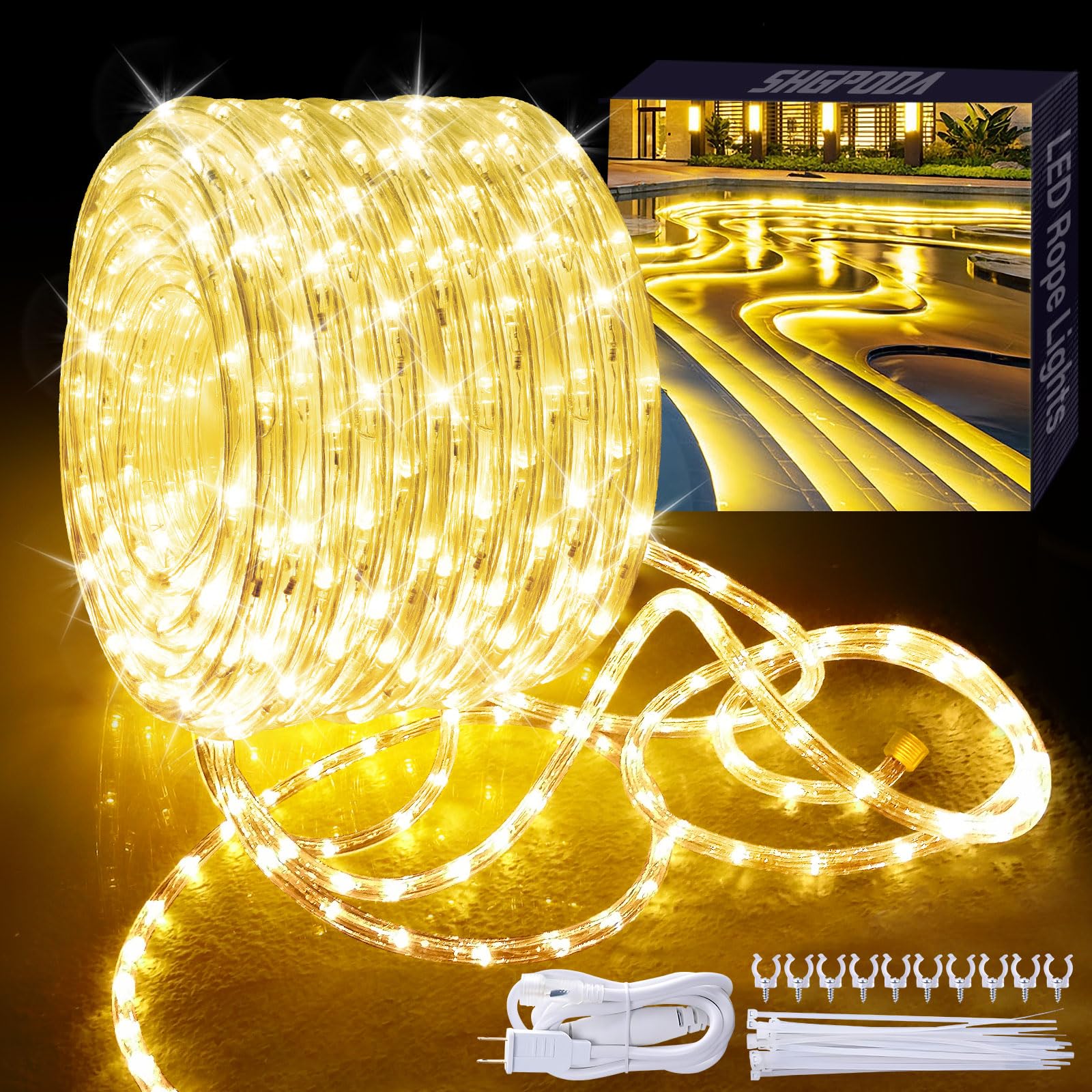Photo 1 of SHGPODA 33ft/10m LED Rope Lights, 360 LEDs, Warm White (3000K), Waterproof, Indoor Outdoor Clear Tube Light Rope and Light Strip, Plugin 110V, Connectable Decorative Lighting for Deck, Patio, Pool