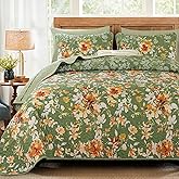 Dobuyly Green Floral Quilt Set King Size, Botanical Flowers Bedspreads Coverlet Set, 3 Pieces Soft Lightweight Microfiber Quilt Bedding Set for All Seasons 110"x90"