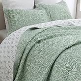 SahSahCasa Quilt Set King Size, 100% Cotton Quilt Bedding Set Bedspread, Botanical Pattern Solid Color Chic Lightweight Quilted Comforter for King Bed, White/Green, All Season, 3 Pieces