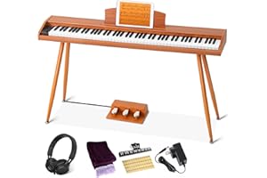 UISCOM Digital Piano Keyboard 88 Key Semi-Weighted for Beginners,Full Size Electric Piano with Stand,Triple Pedal,Adapter,Sheet Music Stand,Headphone,USB-MIDI Compatible,Wood Brown