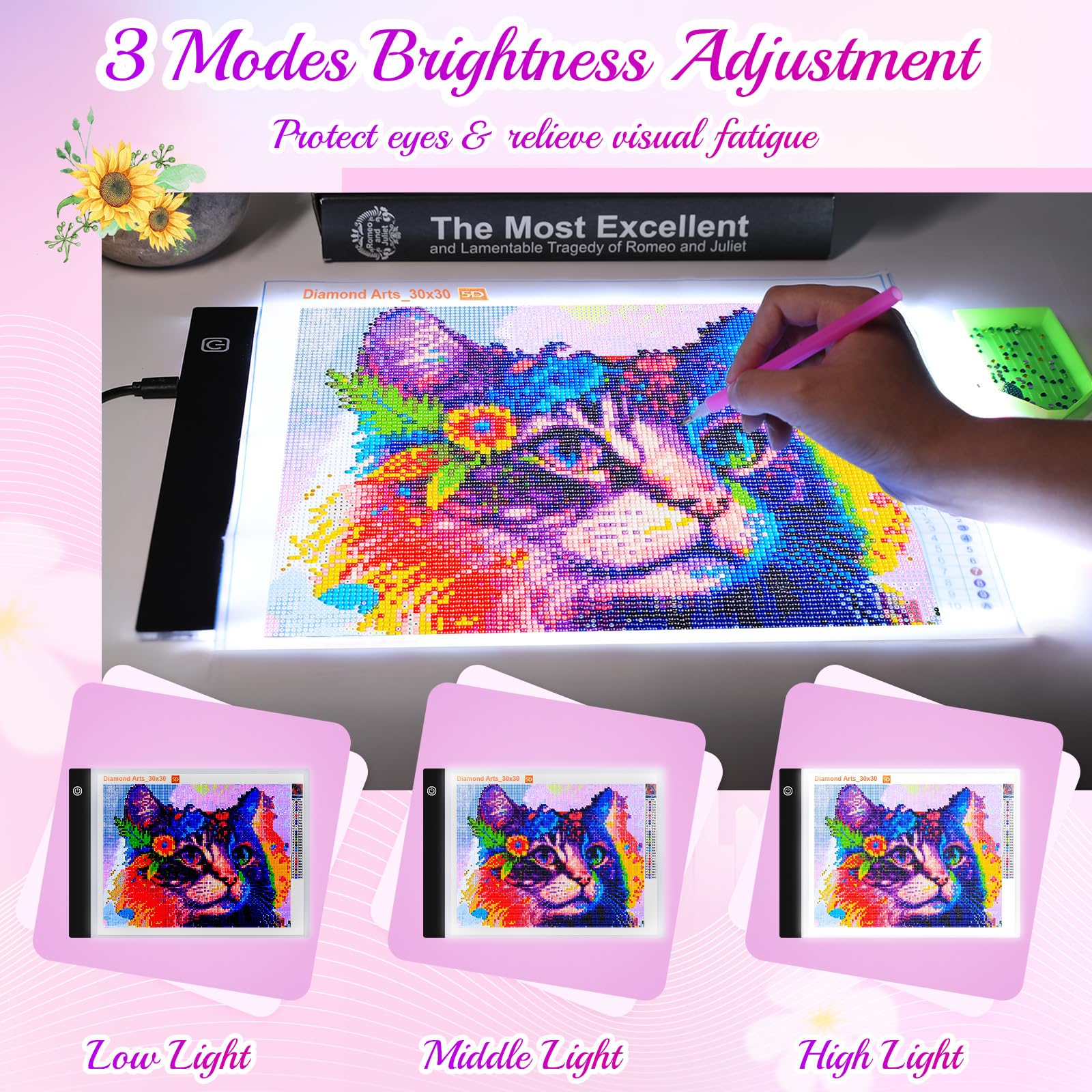 Guiseapue A4 Diamond Art Light Board, Ultra-Thin Light Pad for Painting, Light Table Tracing Light Box for Drawing, Tattoo, Weeding Vinyl, Sketching, Painting Accessories Gifts for Her, Kids, Him