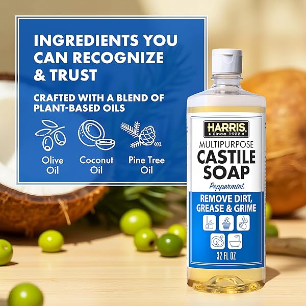 HARRIS MULTI-PURPOSE PURE CASTILE SOAP, MADE WITH OLIVE, COCONUT, AND PINE TREE OIL, USES FOR FACE, BODY, HAND, HAIR, HOME, DISHES, AND LAUNDRY, PEPPERMINT, 32 FL OZ